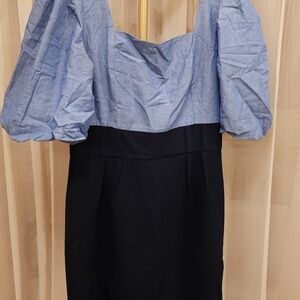 Sandro Navy And Lighter Blue Puffed Sleeve Dress Business Casual